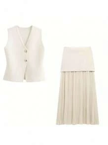 Women Elegant Splicing High Waist Zipper Ankle-Length Skirts Fashion Zipper Elastic Waist Pleated Long Skirts Elegant 2pcs Set - Pleated Skirt & Vest, Ladies Suit Women Elegant Dresses Women Evening Gown Woman Dress