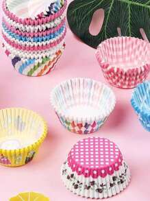 100/200/300pcs Random Color Disposable Dessert Cups, Small Cupcake Cups, Non-Stick Oil-Proof Paper Liners (The Pattern Variety May Not Be Fully Displayed In The Image)
