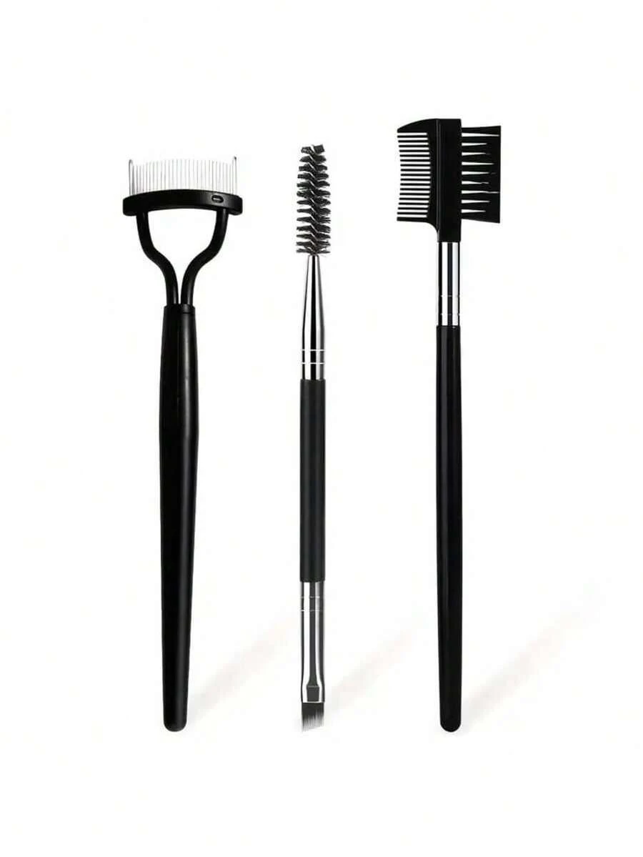 3 Pcs/1 Pc Professional Makeup Tool Set: Stainless Steel Eyebrow And Eyelash Comb, Silicone Mascara Brush And Separator - Fashionable Black Design Suitable For All Skin Types - Black - View 1
