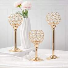 Crystal Metal Tealight Candlestick, Bling Bowl Candelabras, Tall Crystal Votive Candle Holders Elegant Crystal Candle Centerpiece For Dining Table Wedding Decor (Set Of 3, Gold)