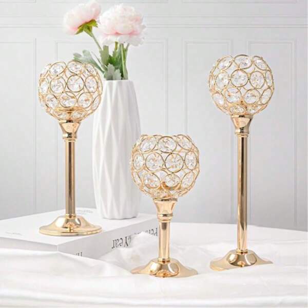 Crystal Metal Tealight Candlestick, Bling Bowl Candelabras, Tall Crystal Votive Candle Holders Elegant Crystal Candle Centerpiece For Dining Table Wedding Decor (Set Of 3, Gold)