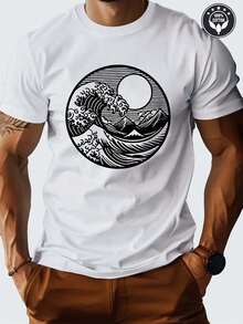 Plus Size T - Shirt With Japanese Art ("The Great Wave Off Kanagawa" Pattern) Theme Print - 100% Cotton Round Neck For Men Gifts And Big And Tall Men Clothing - White - View 1