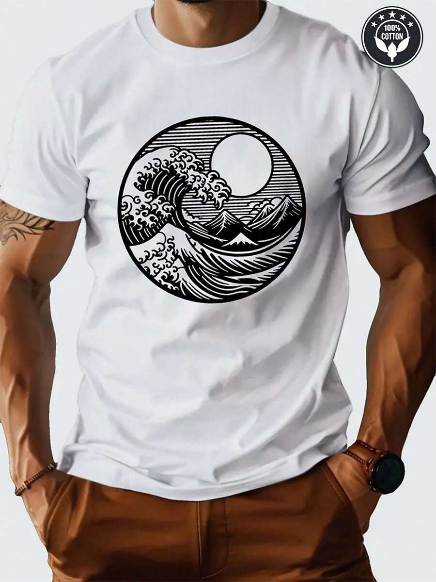 Plus Size T - Shirt With Japanese Art ("The Great Wave Off Kanagawa" Pattern) Theme Print - 100% Cotton Round Neck For Men Gifts And Big And Tall Men Clothing - White - View 1