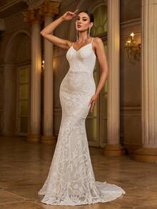 Missord Abito da sera elegante con orlo a coda di sirena in pizzo, bianco, per cerimonie formali come laurea, cena, San Valentino e primavera - Bianco - Visualizzare 5