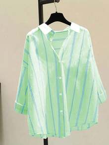 Women's Striped Casual Commuter Elegant Striped Button Shirt, Long Sleeve, Spring/Summer - Green - View 4