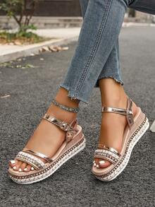 Women's Platform Wedge Sandals, Open Toe Retro European-Style Woven Straw Chunky Sole Rivet Roman Single Strap Sandals - Gold - View 3