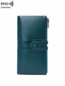 RFID屏蔽大容量女士钱包，复古拉链钱包，柔软皮革长款钱包，带多个卡槽和身份证窗口，可存放信用卡/身份证/现金/手机，绗缝细节卡包手拿包，适合商务和休闲场合。 - 水鴨藍 - 查看 7