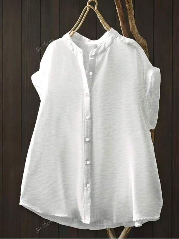 Plus Size Women Casual Solid Color Batwing Sleeve Button-Up Shirt