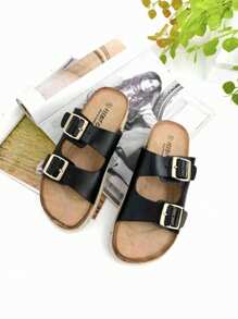 Sandalo basso da donna in sughero con fibbia alla moda, fresco, leggero, antiscivolo e con plateau di 3 cm, ideale per l'uso quotidiano.