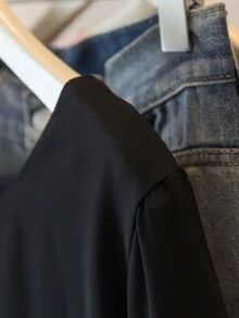 YUXIN 女式黑色透明上衣，半喇叭袖，图案印花宽松 T 恤 - 黑 - 查看 7