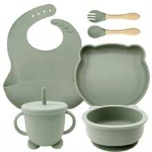 Set di alimentazione per bebè in silicone da 8 pezzi/6 pezzi/5 pezzi/4 pezzi/3 pezzi con piatto diviso con ventosa, prodotti per lo svezzamento, set di piatti per l'alimentazione autonoma di bebè/bambini piccoli con cucchiaio, forchetta, tazza con beccuccio, bavaglino regolabile, stoviglie per bebè