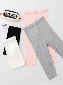 4 piezas Mallas capri para niñas de verano de algodón elástico con rayas verticales de unicolor, pantalones cortos suaves para uso diario