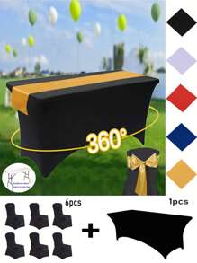 1/2pcs Black High Stretch Tablecloth + 6pcs Chair Cover Set, 4FT/6FT/8FT Polyester & Spandex Material Tablecloth, All-Season Tablecloth Covers, Full-Cover Chair Covers, PU Leather Chair Covers With Tie-Back, Suitable For Home, Indoor, Outdoor, Picnic And Camping, Fits All Holidays And Special Occasions