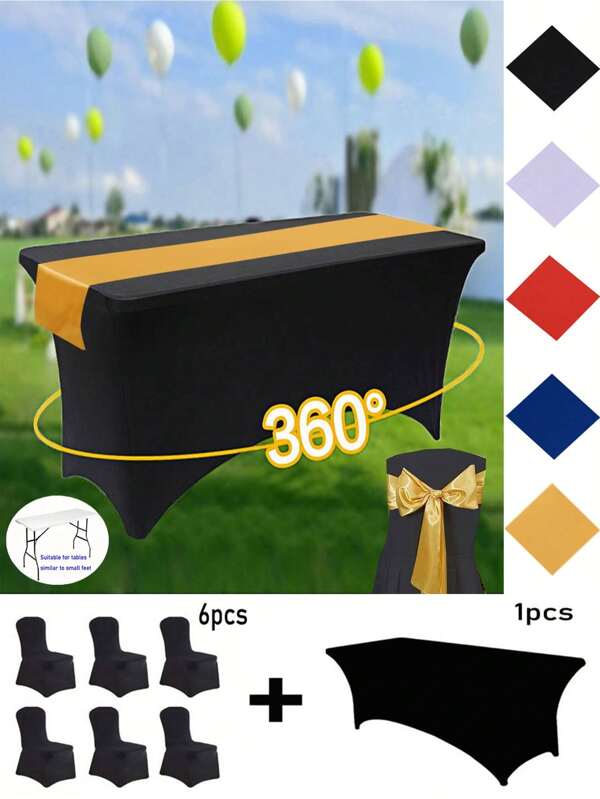 1/2pcs Black High Stretch Tablecloth + 6pcs Chair Cover Set, 4FT/6FT/8FT Polyester & Spandex Material Tablecloth, All-Season Tablecloth Covers, Full-Cover Chair Covers, PU Leather Chair Covers With Tie-Back, Suitable For Home, Indoor, Outdoor, Picnic And Camping, Fits All Holidays And Special Occasions