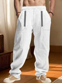 Men's Drawstring Linen Pants With Pockets Stylish Geometric Embroidery Casual Mid Rise Wide Leg Trousers For All Seasons - White - View 2