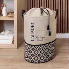 MADE IN TURKEY Bohe Round Storage Basket With Drawstring Cover | 35x35x50 Cm | Polypropylene Fabric