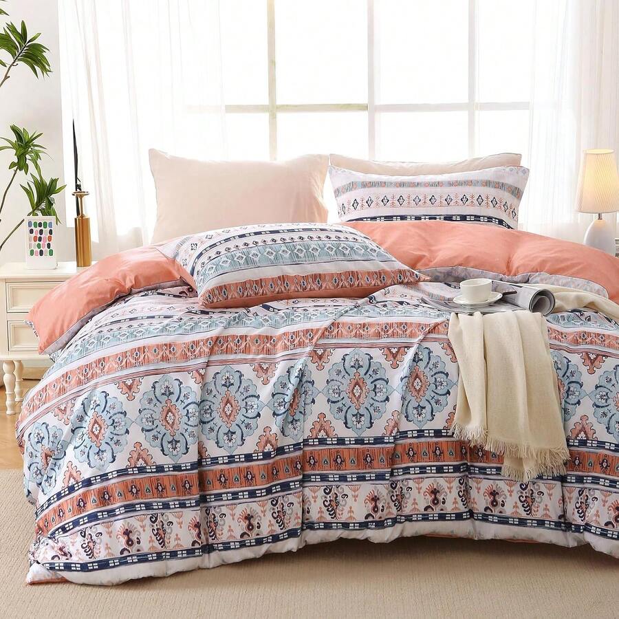 Duvet Cover King Size, Reversible Floral Lavender Duvet Cover Set With Zipper Closure, 3 Pieces Botanical Patterns Soft Microfiber Bedding Set (90"X104", 2 Pillow Cases 20"*36") - 02 - 波西米亞粉紅(無被子) - 查看 1