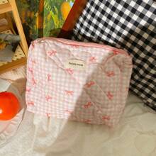 1pc SML Korean Style Plaid Bow Makeup Bag, Large Capacity Portable Travel Toiletry Organizer