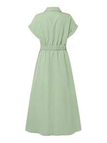 ZANZEA Women Short Sleeve Buttons Elastic Waist Summer Casual Loose Shirt Dresses Office Formal Work Long Dress - 綠色 - 查看 3