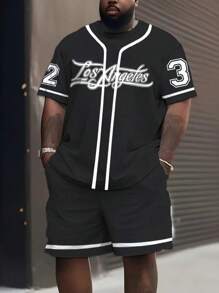 Schwarz-weiß geometrisches Muster-Buchstaben-Große Größen Herren 2 Stücke Set - Kordelzug-Shorts und Kurzarmshirt, lässiger Sportanzug