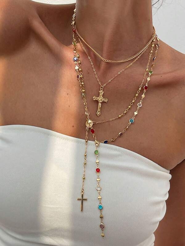 4 Stücke/Set, 14 Karat vergoldete mehrschichtige Boho Perlen Kreuz Maria Jungfrau Halsketten, geeignet für Urlaub, Gebet, Taufbekleidung