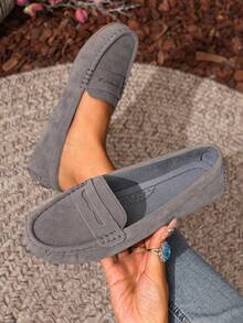 新款女士浅灰色绒面针织平底鞋，优雅仿绒面平底鞋，四季皆宜的舒适纯色套脚乐福鞋，圆头百搭休闲高端轻便户外/工作鞋，女士工作鞋 - 淺灰色 - 查看 6