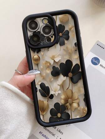 1pc Black & Gold Flower Pattern Thick Protective Case With Camera Hole Design, Compatible With IPhone 11 Pro Max/12 Pro Max/13 Pro Max/14 Pro Max/15 Pro Max/16 Plus/16 Pro Max, 16E, Galaxy A55/A15/S24 Ultra/S25 Ultra, Redmi, OPPO/Realme, VIVO, Infinix, Honor, MOTO, OnePlus Waterproof Shockproof Anti-Fall Scratch Resistant