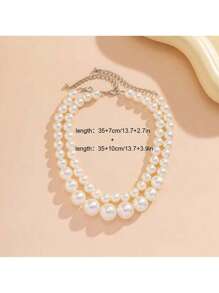 2 Stück retro übertrieben große Perlen Dekor Zweischichtige Perlen Choker-Halskette Set