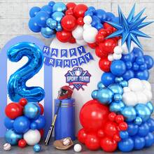 Decoraciones para fiesta de cumpleaños de deportes/béisbol: Arcos de globos en azul marino, rojo y blanco, globos de número 32" en azul marino, guirnaldas de borlas, apropiado para decoraciones de fiesta de cumpleaños con tema de béisbol