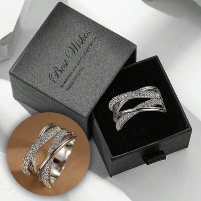 礼盒装立方氧化锆螺旋包裹银戒指，女士时尚珠宝，适合婚礼、情人节礼物