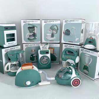 儿童厨房电器玩具套装，逼真的家用烹饪玩具适合 3 岁以上儿童，包括榨汁机、咖啡机、洗衣机、吸尘器、面包机、搅拌机、烤箱、饮水机，是送给男孩和女孩的绝佳礼物