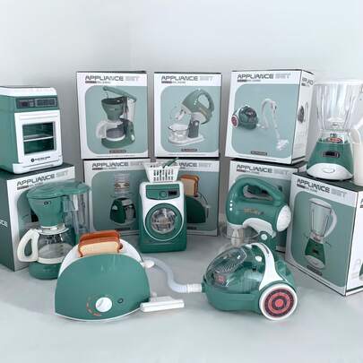 儿童厨房电器玩具套装，逼真的家用烹饪玩具适合 3 岁以上儿童，包括榨汁机、咖啡机、洗衣机、吸尘器、面包机、搅拌机、烤箱、饮水机，是送给男孩和女孩的绝佳礼物