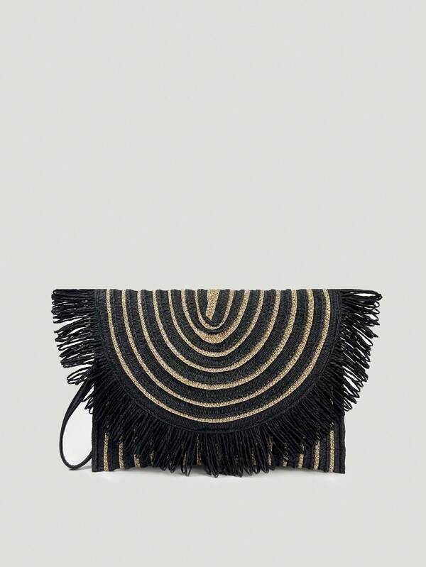 Bolso de mano tipo sobre de estilo bohemio tejido en negro, nuevo bolso de paja de verano, bolso con flecos para playa y vacaciones