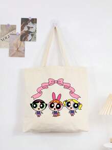 THE POWERPUFF GIRLS Cartoon Superhero Policewoman Minimalist & Stylish Canvas Shoulder Tote Bag, Casual Large Capacity Daily Work Commute Foldable Shopping Handbag