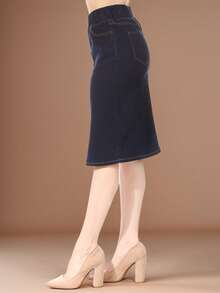 Women Stretch Denim Pencil Skirt Button Down Elastic Waistband  Plain    Casual  Elegant - 深靛藍 - 查看 3
