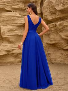 春夏V领无袖刺绣网纱A字型正式伴娘礼服、优雅派对礼服、正式婚礼宾客礼服、毕业典礼礼服、晚礼服 - 寶藍色 - 查看 4