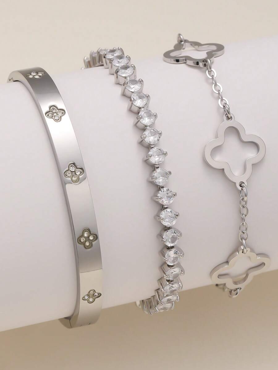 Stainless Steel Zirconia Bracelet Set, Fashionable & Luxurious Cubic Zirconia Bracelet Suitable For Daily Wear, Jewelry