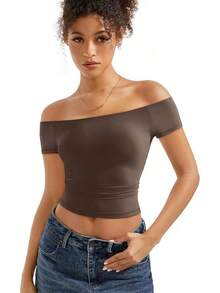 Women Double Lined Off Shoulder Tops Fitted Going Out Basic Shirts - Mocha - View 4