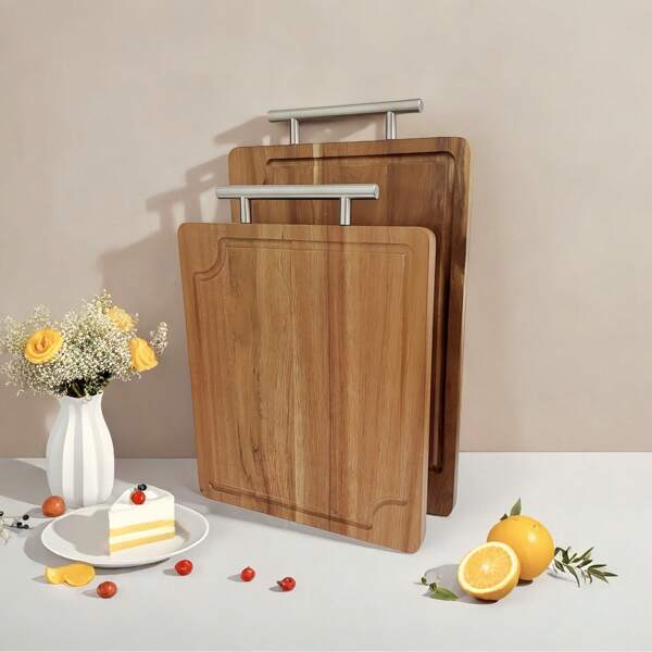 1pc Acacia Wood Cutting Board, Whole Wooden Chopping Board, Durable For Kitchen Use, With Juice Groove