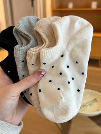 4 pares de calcetines de barco invisibles versátiles de diseño japonés fresco para primavera/verano, de tela de punto transpirable, de color negro/blanco/gris y con lunares pequeños, adecuados para el hogar, ir y venir, fiestas, deportes, escuela y regalos festivos