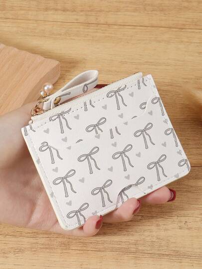 粉色蝴蝶结爱心图案拉链小钱包零钱包小钱包双折超薄女士钱包迷你薄、轻便、多层便携、身份证、信用卡简约、时尚、现代、商务、周年纪念、生日礼物、礼物、女孩、女士、女性、学校宿舍和返校用书包