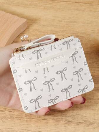 粉色蝴蝶结爱心图案拉链小钱包零钱包小钱包双折超薄女士钱包迷你薄、轻便、多层便携、身份证、信用卡简约、时尚、现代、商务、周年纪念、生日礼物、礼物、女孩、女士、女性、学校宿舍和返校用书包