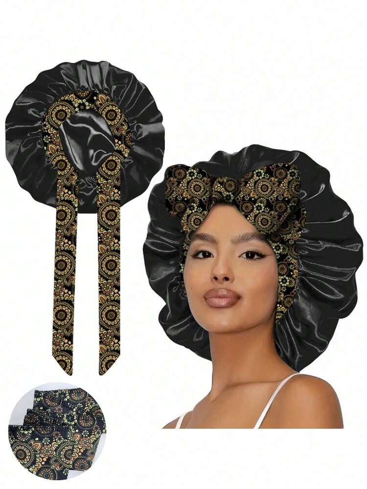 1pc Adjustable Women Sleep Cap: Soft & Breathable Design - Ideal For Long/Curly Hair Care, Comfortable Non-Slip For Sleeping, Suitable For Home Use And Daily Hair Protection (Random Print Pattern) Hair Sleep Cap - Black NPSM159 - View 11