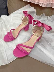 全新粗跟高跟鞋，适合少女，夏季时尚中跟优雅百搭女童高跟鞋 - 玫紅色 - 查看 7
