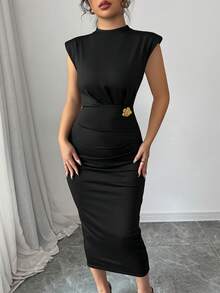 Women's Rose Gold Metal Buckle Waist Fitted Dress - Black - View 2