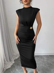 Women's Rose Gold Metal Buckle Waist Fitted Dress