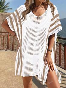 Women's Fashion Simple Striped Casual Sexy Vacation Knit Coverup, Summer Beach Wear