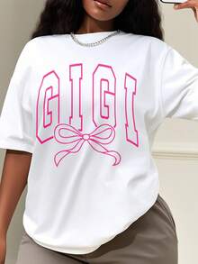 Oversized Style For Women, Comfort Coquette Gigi Shirt, Pink Gigi Bow Tshirt, Gift For Gigi, Pink Coquette Gigi Gift Tee, Oversize Type Shirt For Women, Perfect For Holiday Parties Or Gift Giving, Soft And Comfortable - trắng - Xem 1
