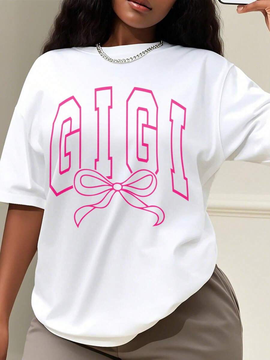 Oversized Style For Women, Comfort Coquette Gigi Shirt, Pink Gigi Bow Tshirt, Gift For Gigi, Pink Coquette Gigi Gift Tee, Oversize Type Shirt For Women, Perfect For Holiday Parties Or Gift Giving, Soft And Comfortable - trắng - Xem 1