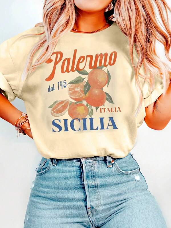 Summer Top, Women's Book Casual Fashionable Orange Pattern T-Shirt, Casual Round Neck Top,Graphic Tees Women,Holiday Outfits,Summer Clothes Women,Summer Dress,Summer Tops,Summer Outfits,Festival Outfits Women,Women Clothing Summer